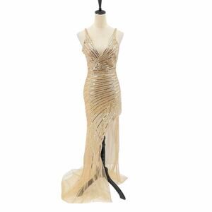 Sparkly Golden Beaded Plunging V-Neck Backless Mermaid Long Prom Formal Gown
